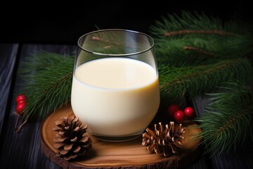 Canvas Print - eggnog in a glass goblet next to a pine wreath