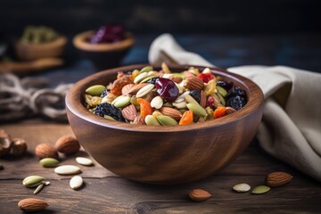 Wall Mural - trail mix in a rustic bowl on a stone table