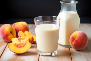 Sticker - peach milkshake next to a bowl of fresh peaches