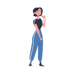 Poster - Young Woman Teacher Character in Sportswear Standing with Whistle and Teaching Sport Education Vector Illustration