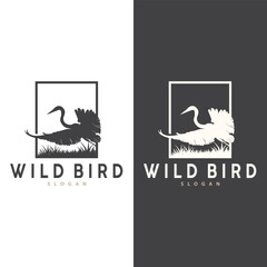 Stork Bird Logo, Heron, Grass, And River Design, Vector Simple Template illustration