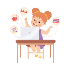 Wall Mural - Little Girl Sitting at Laptop Making Purchase and Shopping Online Using Smart Technology Vector Illustration