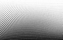 Wavy Half Tone Effect. Abstract Background With Dots. Optical Spotted Texture. Halftone Dot Pattern. Black White Banner. Futuristic Pop Art Print. Monochrome Vector Illustration.