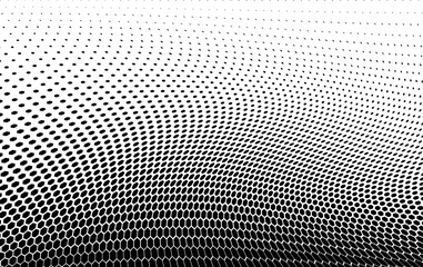 Wall Mural - Wavy half tone effect. Abstract background with dots. Optical spotted texture. Halftone dot pattern. Black white banner. Futuristic pop art print. Monochrome vector illustration.