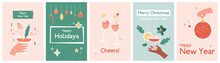 Collage Christmas Cards Set. Collection Of New Year Celebration Posters, Arts, Templates With Composite Image Elements. Disco Ball, Hand Holding Cocktail Glass, Champagne. Vector Illustration.