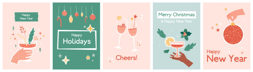 Collage Christmas cards set. Collection of New Year celebration posters, arts, templates with composite image elements. Disco ball, hand holding cocktail glass, champagne. Vector illustration.