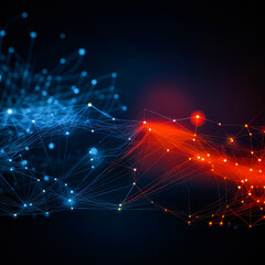 Poster - A captivating visualization of science and technology, featuring a dynamic interplay of blue and red lines and dots set against a dramatic black backdrop.