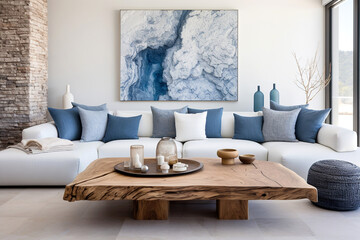 Live edge accent coffee table near white sofa with blue pillows against wall with big poster frame. Coastal home interior design of modern living room.