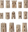 Set of cartoon castles stone towers isolated monochrome icons. Round constructions to defense kingdom, ancient security castles, Vector