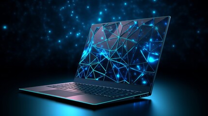 Futuristic communication polygonal 3d laptop made of linear polygons in dark blue color. Online business, it, network, support, services app concept. 