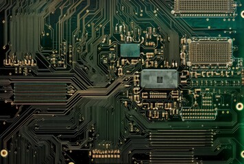 Poster - Electric board topview. Circuit green texture with tech processor. Generate Ai