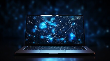 Futuristic communication polygonal 3d laptop made of linear polygons in dark blue color. Online business, it, network, support, services app concept. 