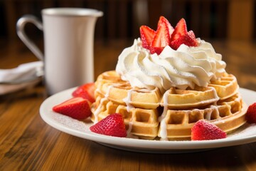 Wall Mural - belgian waffle with whipped cream and strawberries