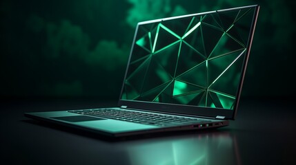 Futuristic communication polygonal 3d laptop made of linear polygons in dark green color. Online business, it, network, support, services app concept. 