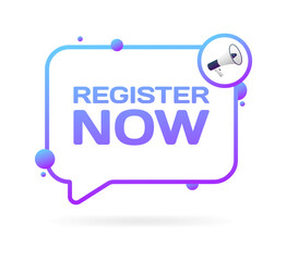 Canvas Print - Register now bubble. Outline, purple, register now, message bubble, register now. Vector icon