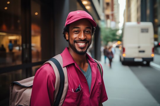 Portrait of smiling delivery man with parcels in the city street.