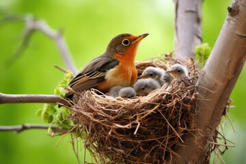 mama bird feeding her chicks in a nest on a sturdy branch