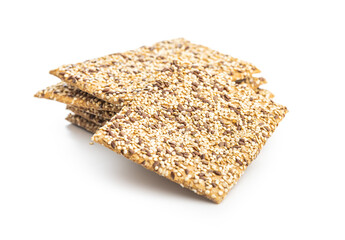 Wall Mural - Knackebrot with sesame seeds. Wholegrain crispbread isolated on white background.