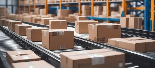 Closeup of cardboard box packages, moving along a conveyor belt in a warehouse fulfillment facility, e-commerce, delivery, automation, and products.