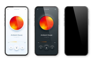 Wall Mural - Online audio player user interface, smartphone app UI design. Music, media streaming and listening platform. Responsive mobile application. Neumorphism, neumorphic style. Vector illustration.