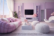 © Anna - Cozy glamour living room with pink colors and sofa with pillows. Modern interior design