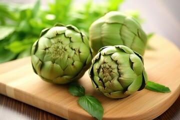 Canvas Print - fresh, clean artichokes on a bamboo chopping board