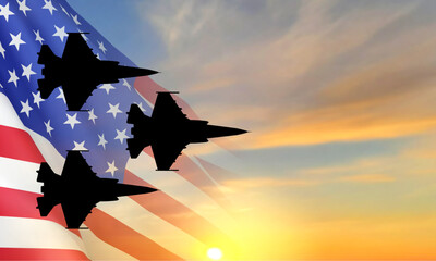 Fighter aircrafts with USA flag against the sunset sky. EPS10 vector