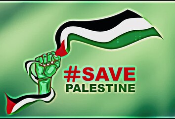 Wall Mural - animation of the Palestine flag solidarity concept, SAVE PALESTINE. the text is broken up with flashes and a hand holding a flag