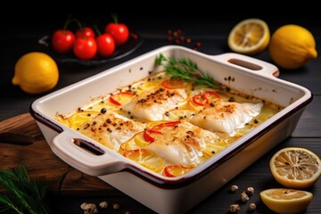 Sticker - cod fillet in baking dish with lemon and spices