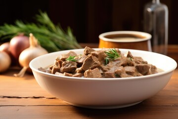 Poster - close-up of beef stroganoff in white bowl on wooden table