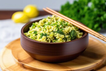 Canvas Print - broccoli rice in a bamboo bowl with chopsticks