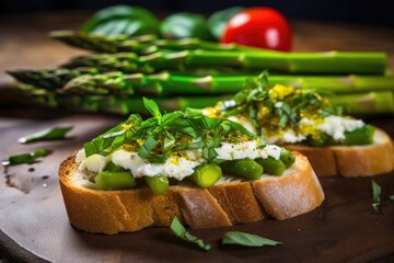 Poster - green asparagus on fresh made bruschetta