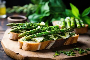 Wall Mural - asparagus bruschetta close-up with herbs in view