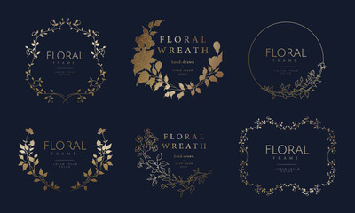 Luxury hand drawn floral frames. Elegant vintage gold wreath. Vector illustration for label, corporate identity, logo, branding, wedding invitation, greeting card, save the date