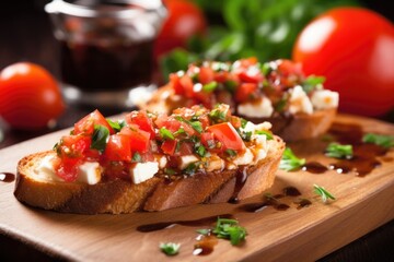 Wall Mural - focus on feta cheese crumbling onto bruschetta