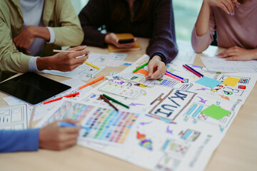 Wall Mural - Team of Creative Web, Graphic Designer planning for mobile phone, drawing website ux ui app for mobile phone application and development template layout, process to developing prototype wireframe.