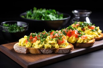 Sticker - scrambled eggs on bruschetta with avocados on the side on a black table