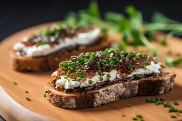 Wall Mural - close-up of zaatar bruschetta with cottage cheese and chives
