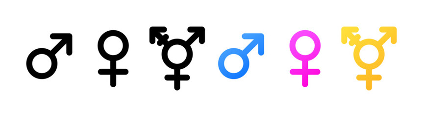 Gender icons. Different styles, color, gender icons, gender symbols, toilet symbols. Vector icons