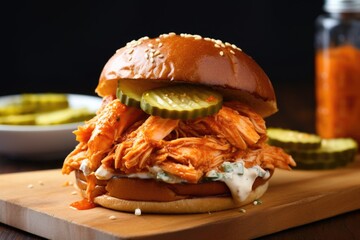 Poster - buffalo chicken sandwich garnished with pickles