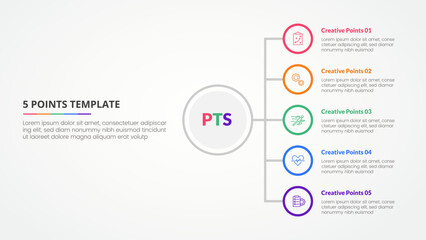 5 points stage template infographic concept for slide presentation with vertical stack list on circle outline with 5 point list with flat style