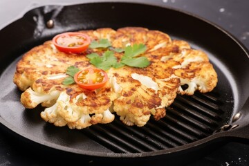 Sticker - coated cauliflower steak on non-stick pan