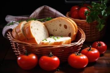 Poster - basket filled with slices of bread and tomatoes beside it