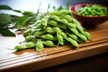 Canvas Print - photo of edamame on wooden board