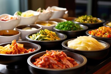 Wall Mural - stack of various korean banchan dishes, focus on kimchi
