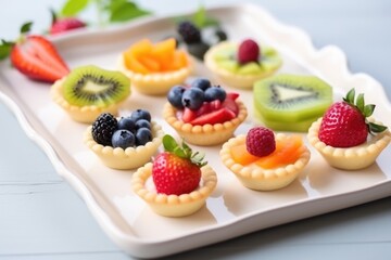 Poster - mini fruit tarts arranged on a pastel pink tray