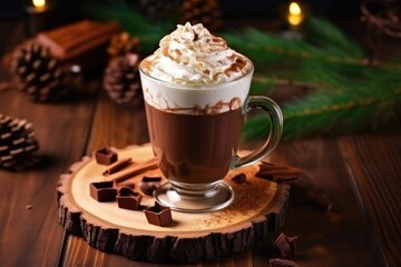 Sticker - view of hot chocolate with whipped cream on a wooden table