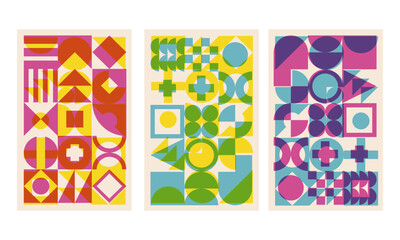 Abstract geometric cover set with riso print effect. Bauhaus shapes pattern risograph style