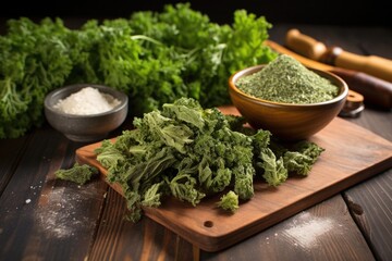 Wall Mural - kale chips spread out on a rustic table surface