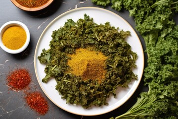 Wall Mural - flat lay of kale chips with curry seasoning on a plate